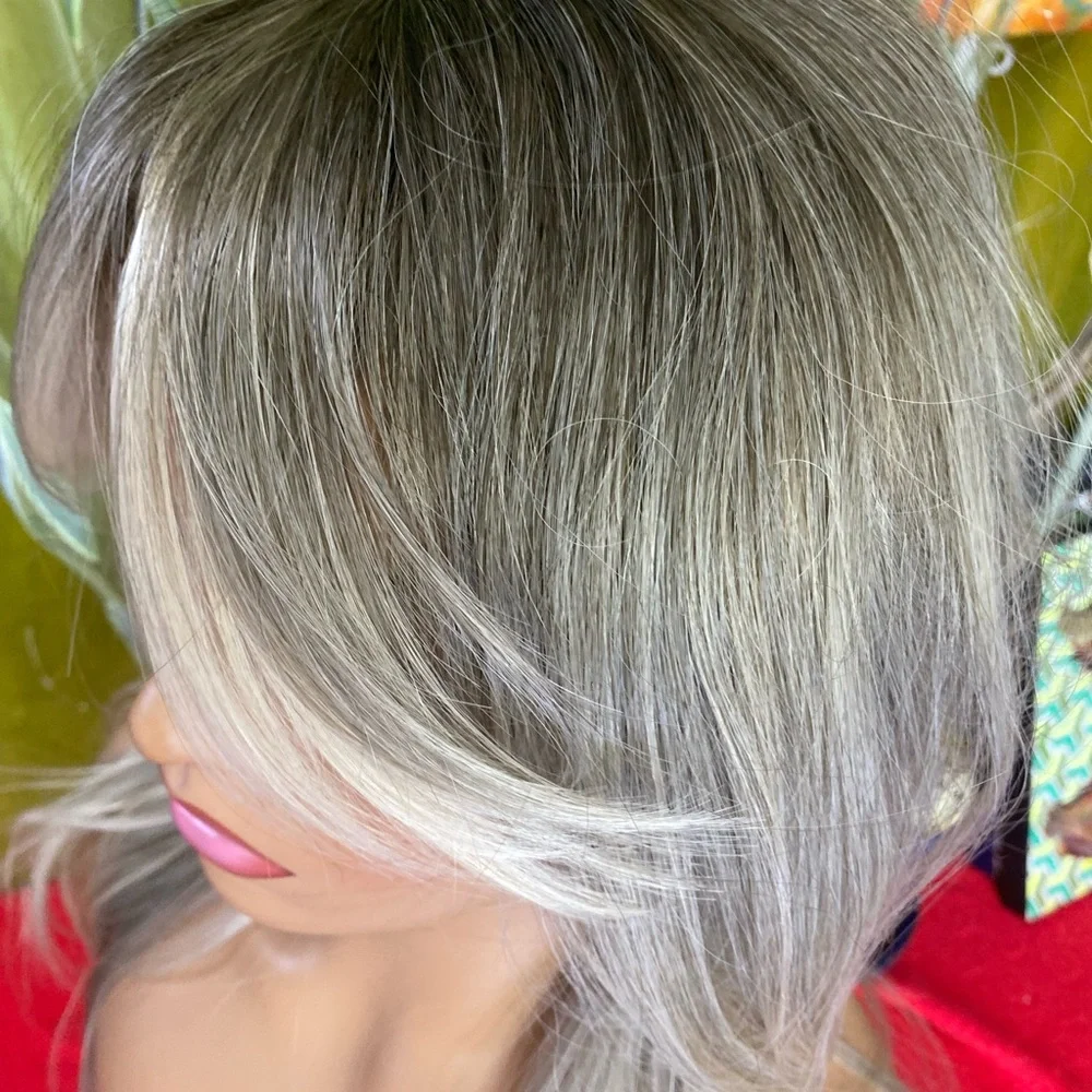 grey blonde  long layered wig curtain bangs
